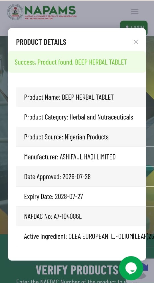 NAFDAC product verification for BEEP Herbal Tablet